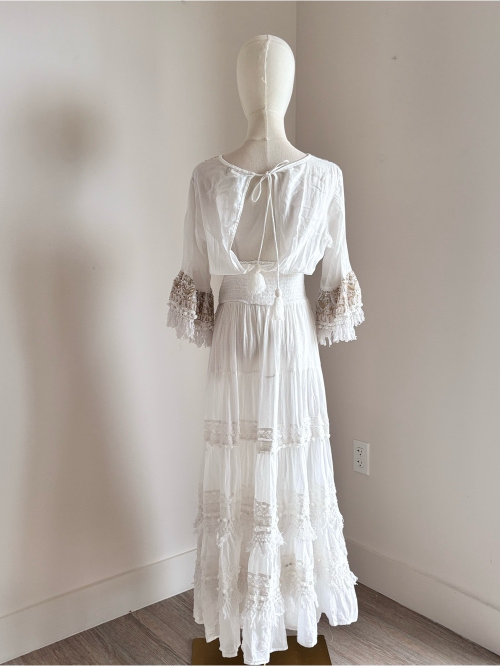 Antica Sartoria Embroidered Sequin Fringe Cotton Boho Maxi Dress One Size - Picture 3 of 7